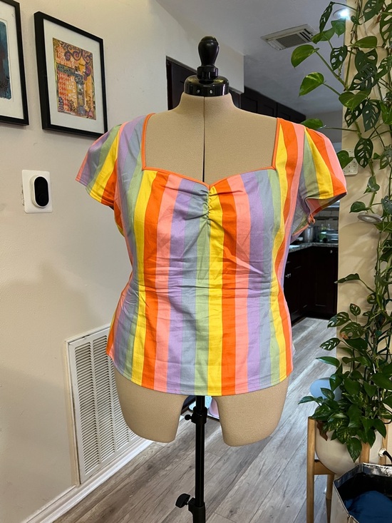 Collectif Tops - Collectif Rainbow Stripe Sweetheart Blouse in Yellow, Orange, Pink, Purple, Blue
